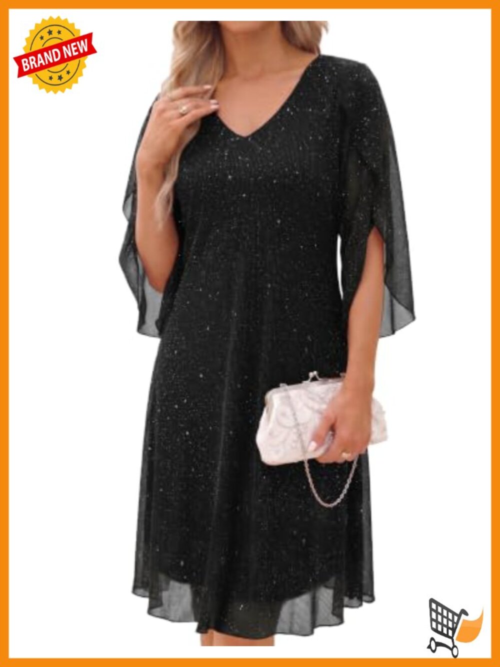 Sequin V-Neck Midi Cocktail Dress Flutter Sleeve Formal Wedding Guest